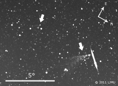 Draconid meteor train, composite of 10 frames